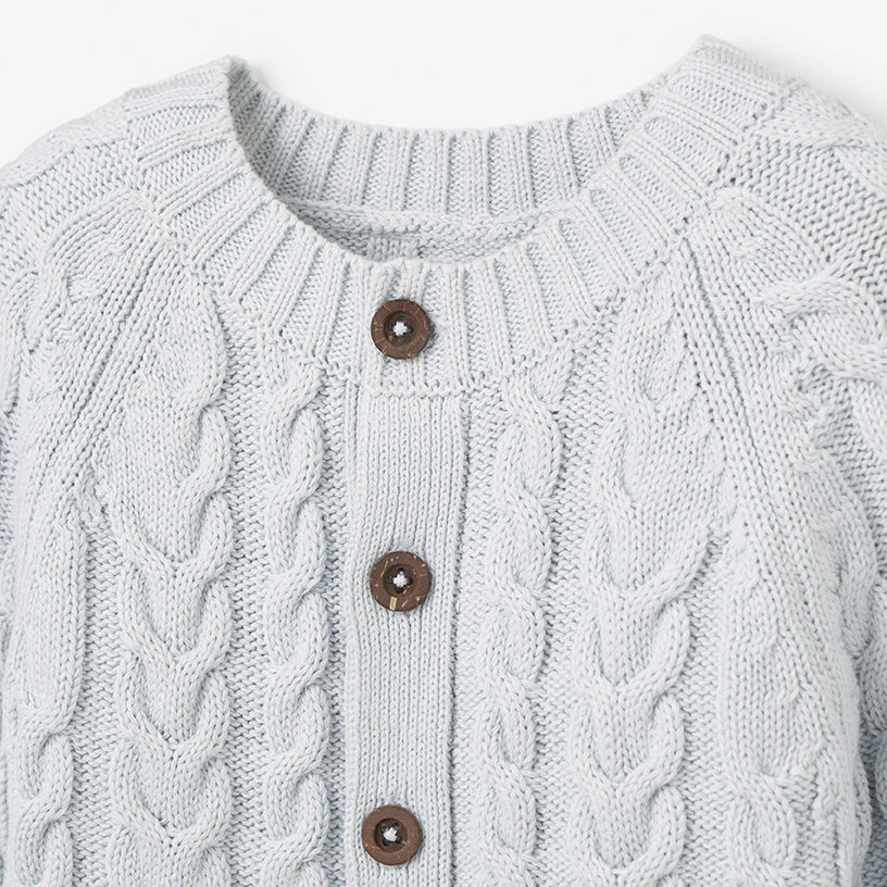 PALE BLUE HORSESHOE CABLE KNIT BABY JUMPSUIT