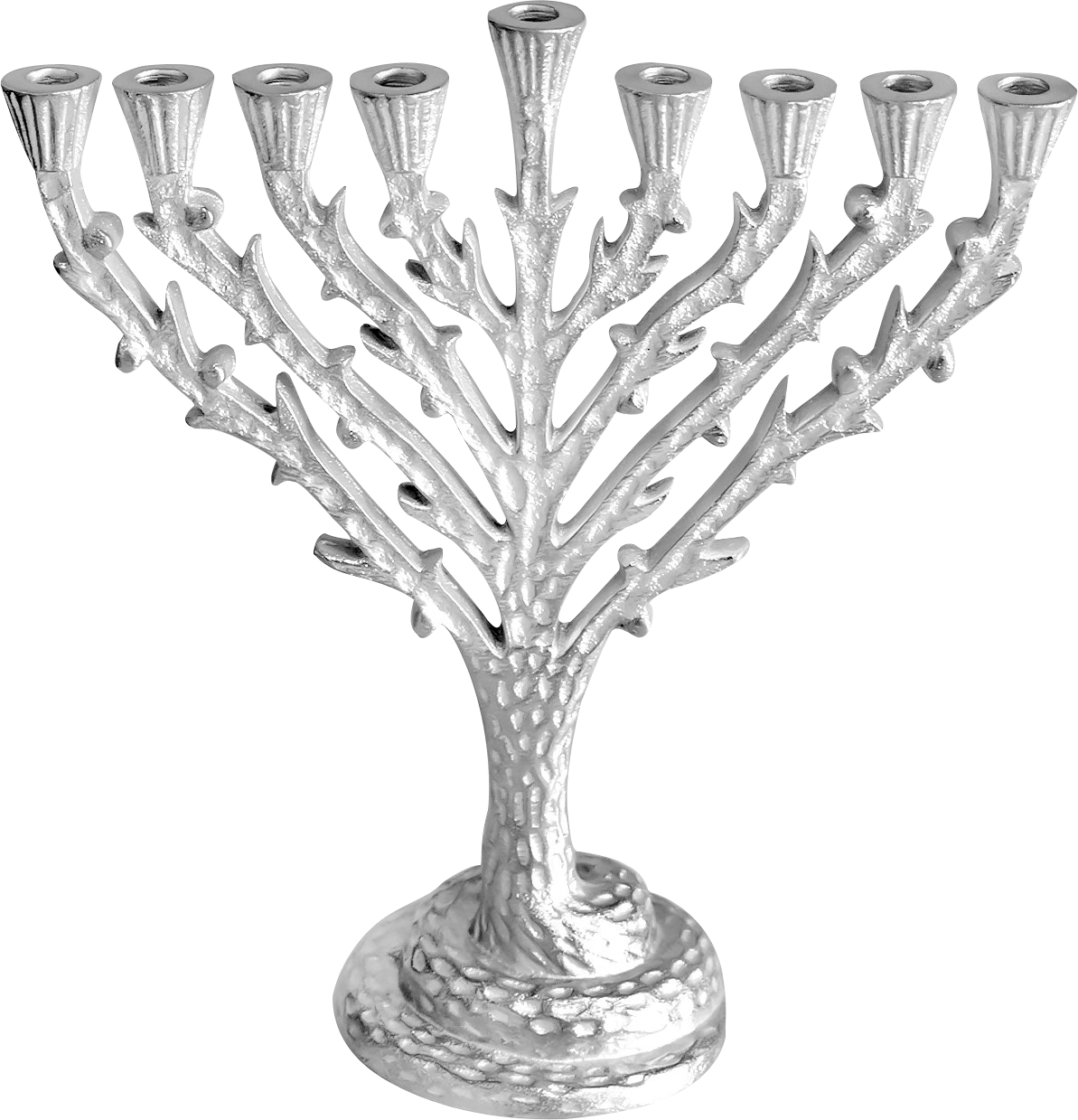 Tree of Life Menorah - Silvertone Hammered - 8 1/2"