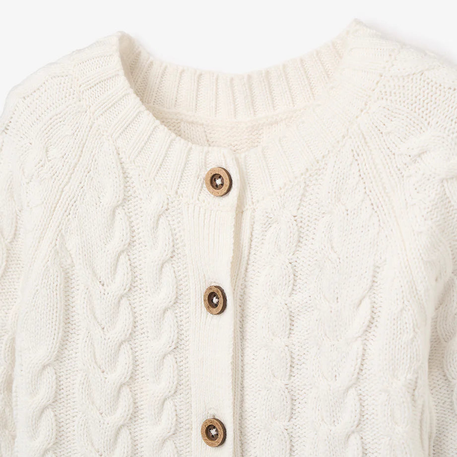 WHISPER WHITE HORSESHOE CABLE KNIT BABY JUMPSUIT