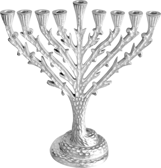 Tree of Life Menorah -  Silvertone Hammered - 8 1/2"