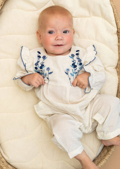 Atrani Embroidered Baby Romper & Headband (Organic): Natural / 0-3M