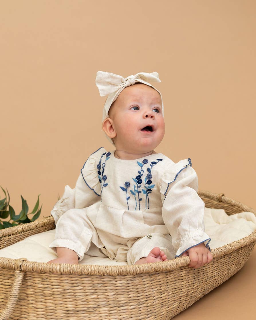 Atrani Embroidered Baby Romper & Headband (Organic): Natural / 3-6M