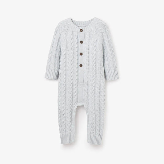 PALE BLUE HORSESHOE CABLE KNIT BABY JUMPSUIT