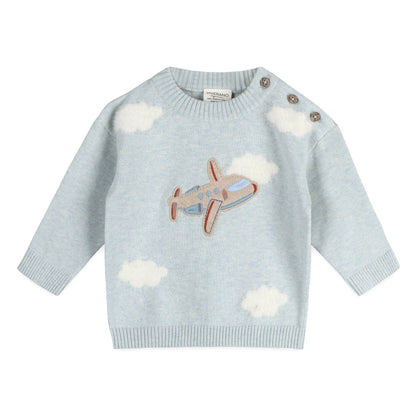 Airplane Applique Baby Knit Pullover & Pant Set (Organic): Blue Heather / 18-24M