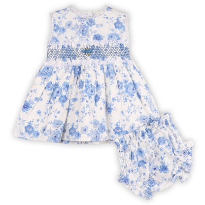 Smocked Baby Dress + Bloomer Blue Floral / 12-18M