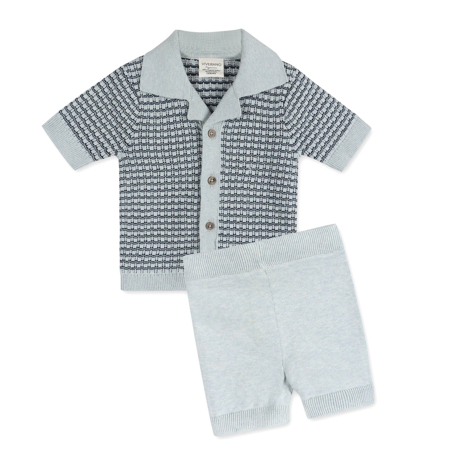 Miles Wave Textured Baby Shirt & Shorts Set (Organic Cotton): Blue Heather / 18-24M