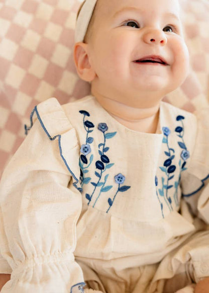 Atrani Embroidered Baby Romper & Headband (Organic): Natural / 6-12M