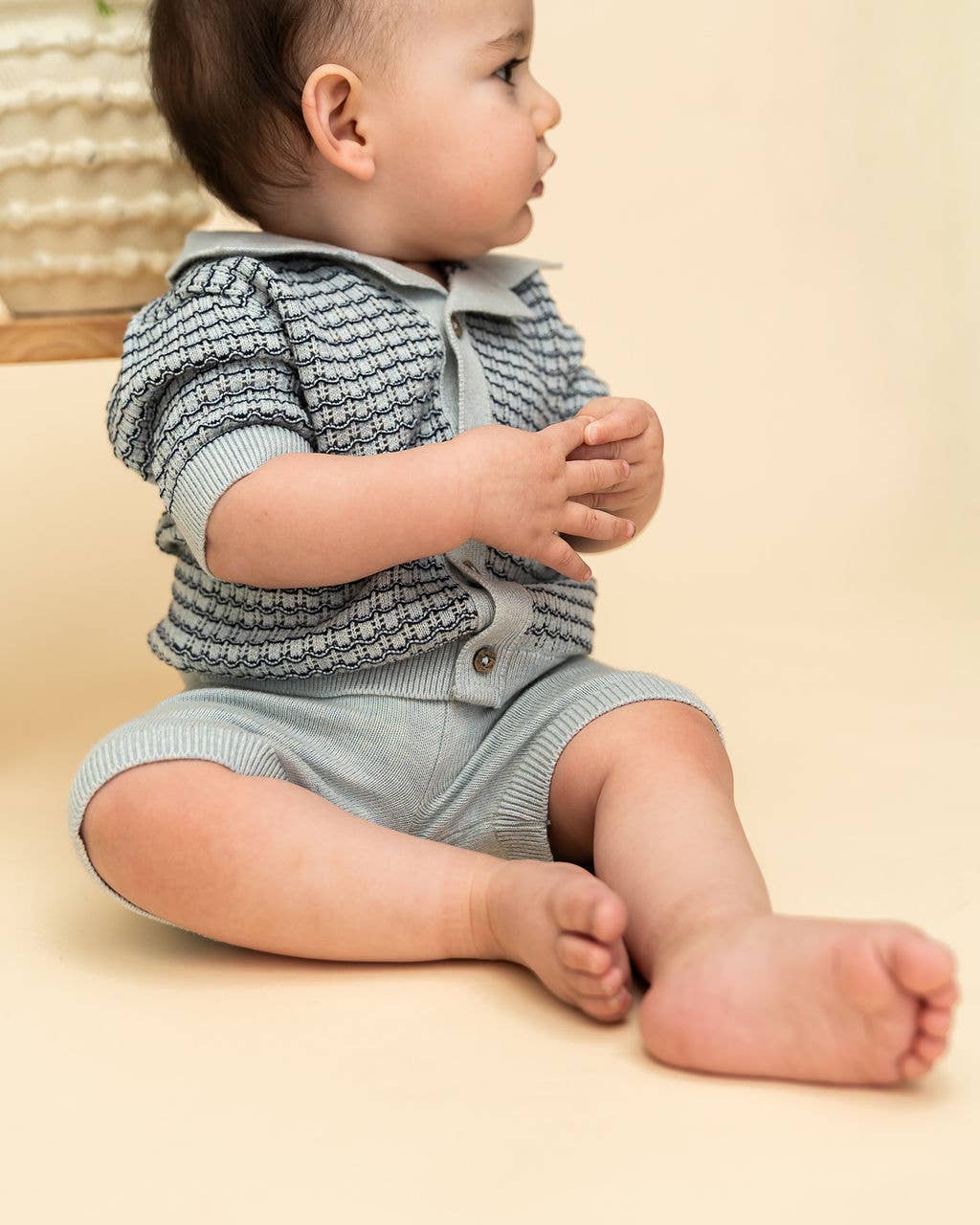 Miles Wave Textured Baby Shirt & Shorts Set (Organic Cotton): Blue Heather / 12-18M