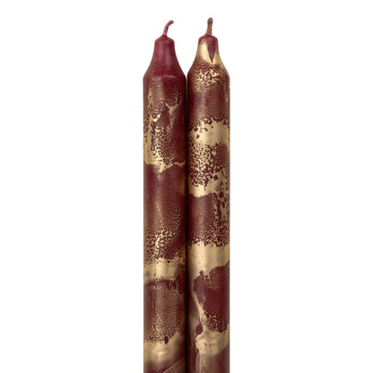 12" Decorative Taper Candles 2pk: Bordeaux w/ Gold