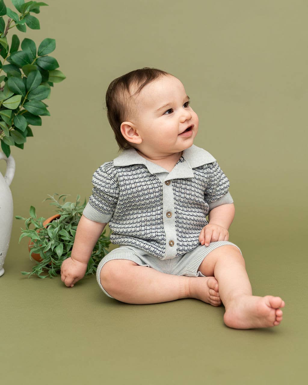 Miles Wave Textured Baby Shirt & Shorts Set (Organic Cotton): Blue Heather / 6-12M