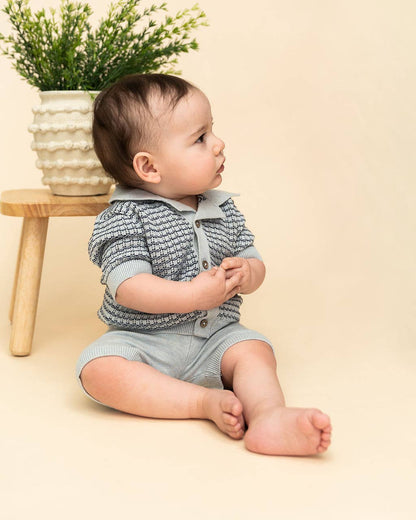 Miles Wave Textured Baby Shirt & Shorts Set (Organic Cotton): Blue Heather / 3-6M