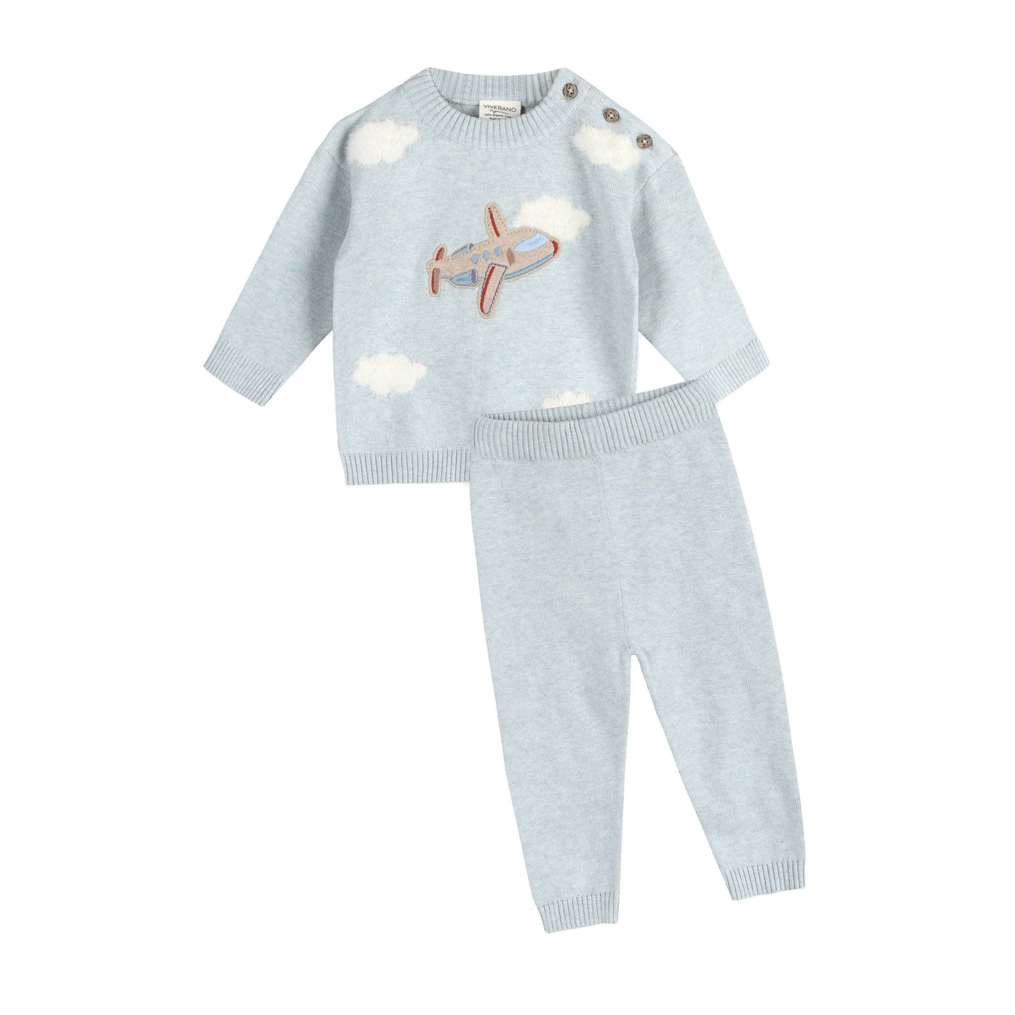 Airplane Applique Baby Knit Pullover & Pant Set (Organic): Blue Heather / 6-12M