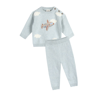 Airplane Applique Baby Knit Pullover & Pant Set (Organic): Blue Heather / 3-6M