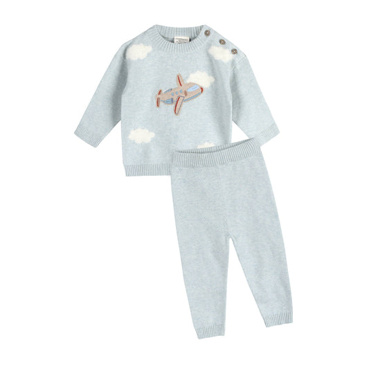 Airplane Applique Baby Knit Pullover & Pant Set (Organic): Blue Heather / 12-18M