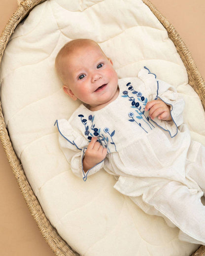 Atrani Embroidered Baby Romper & Headband (Organic): Natural / 6-12M