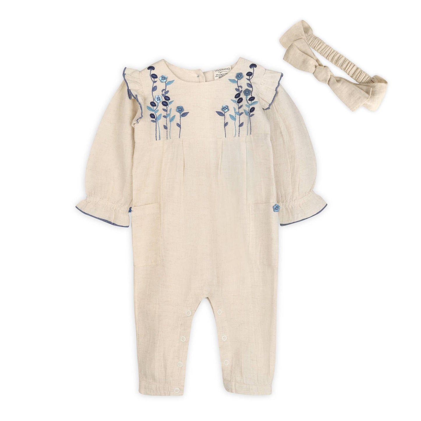 Atrani Embroidered Baby Romper & Headband (Organic): Natural / 0-3M